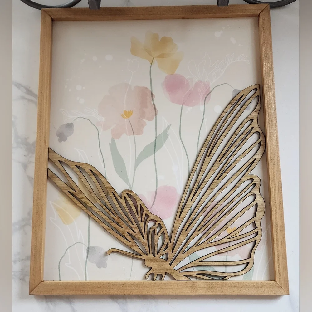 3D Wood Cut Out Butterfly Hummingbird Wall Art Picture Set Of‎ Two 10x20 New